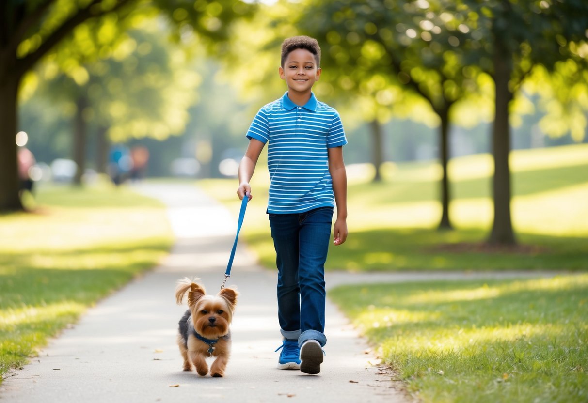 An 11-year-old walking a small, friendly dog in a sunny park, both smiling
