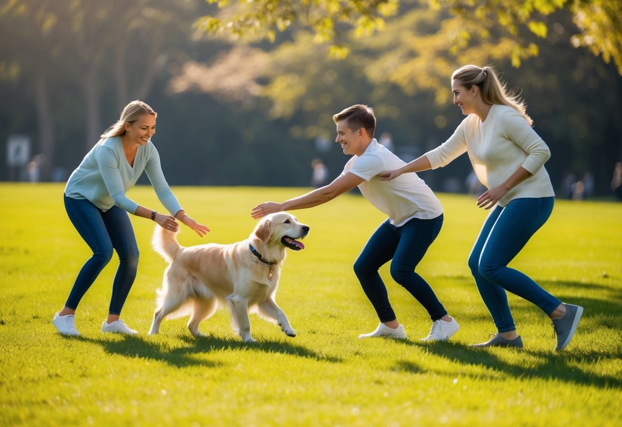 A family playing fetch with a non-shedding, golden retriever look-alike dog in a sunlit park
