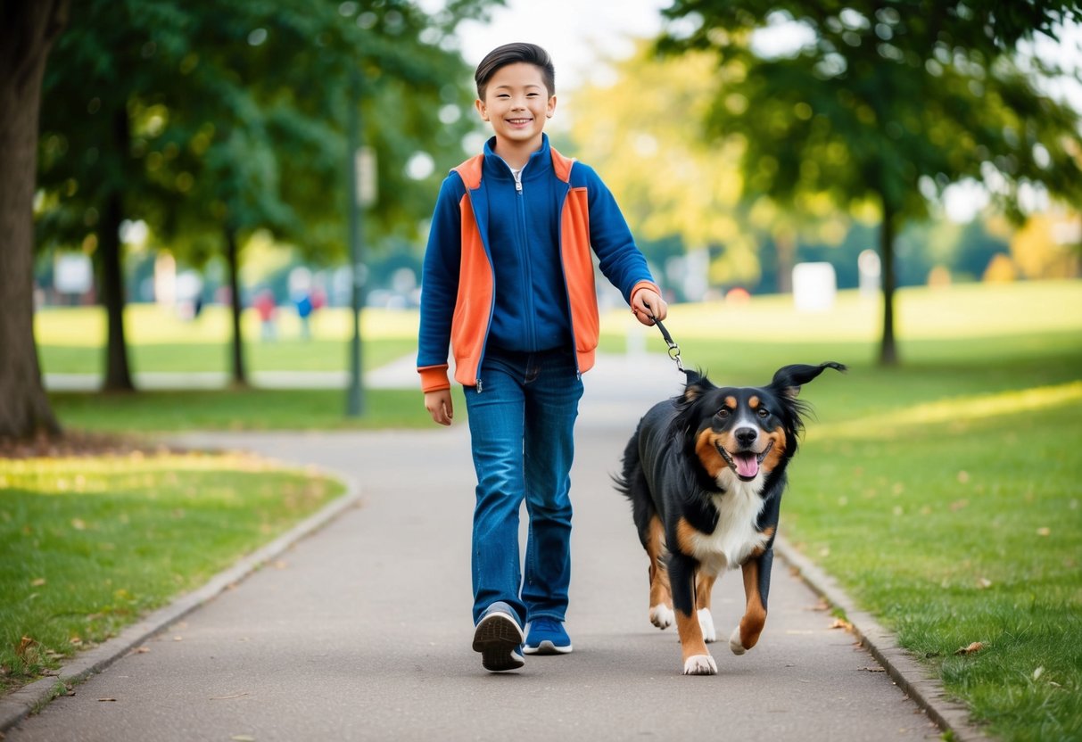 An 11-year-old walking a lively, medium-sized dog in a park, both with happy expressions
