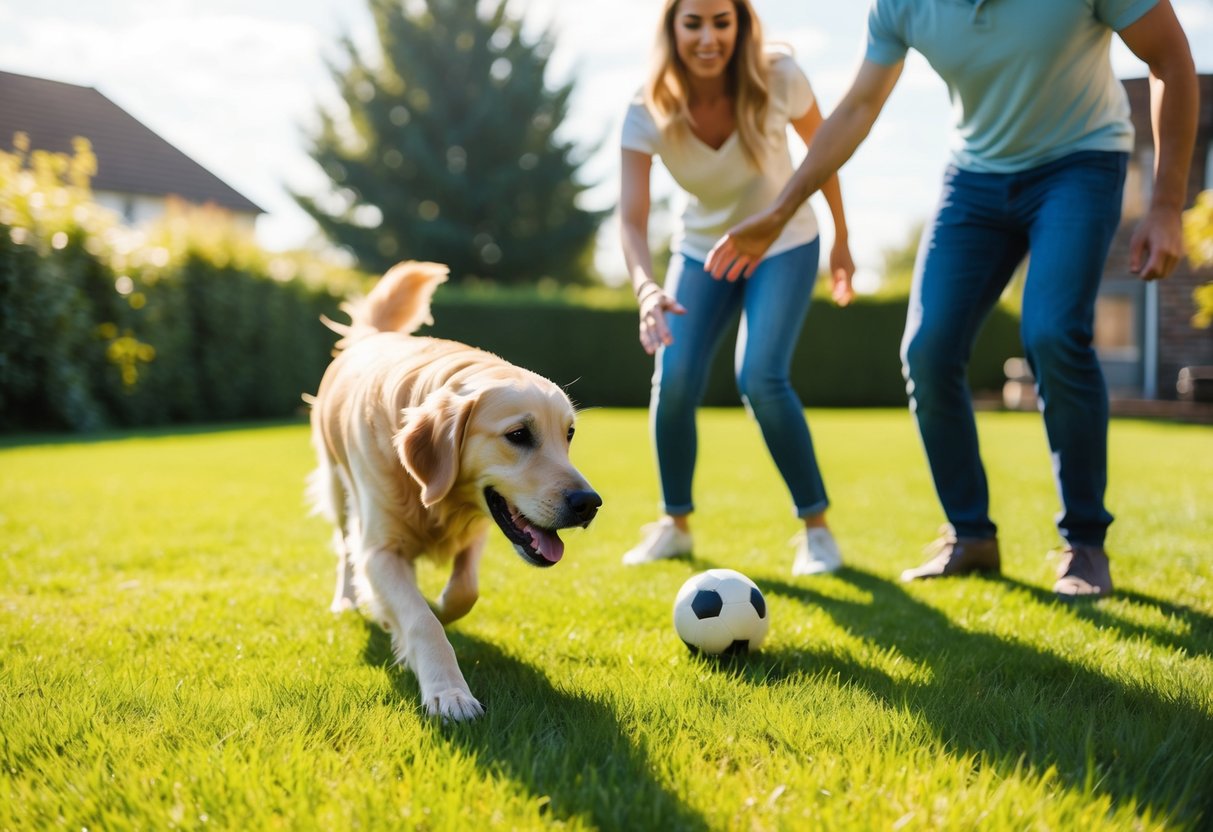 A family playing fetch with a non-shedding dog that looks like a golden retriever in a sunny, grassy backyard