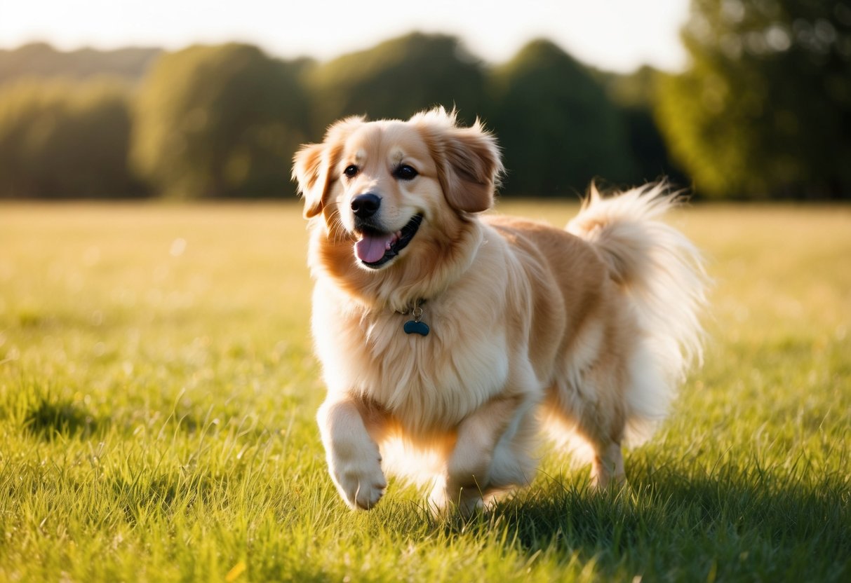 A fluffy, non-shedding dog with a golden coat plays in a sunlit field, resembling a golden retriever