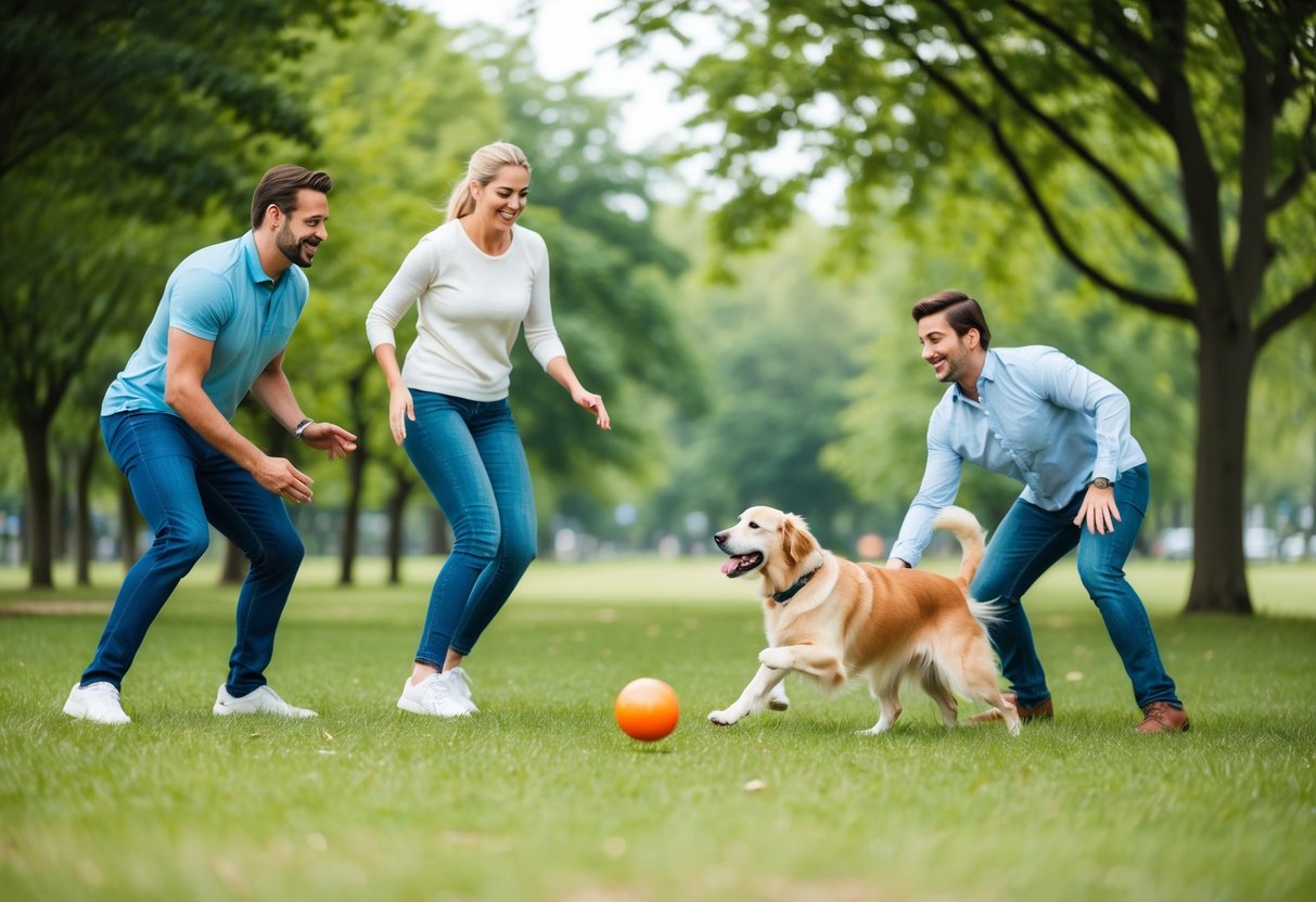 A family playing fetch in a park with a non-shedding dog that resembles a golden retriever, surrounded by trees and greenery
