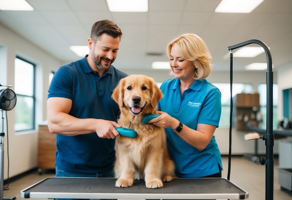 A family brushing a fluffy, non-shedding dog that resembles a golden retriever in a well-lit, spacious grooming area