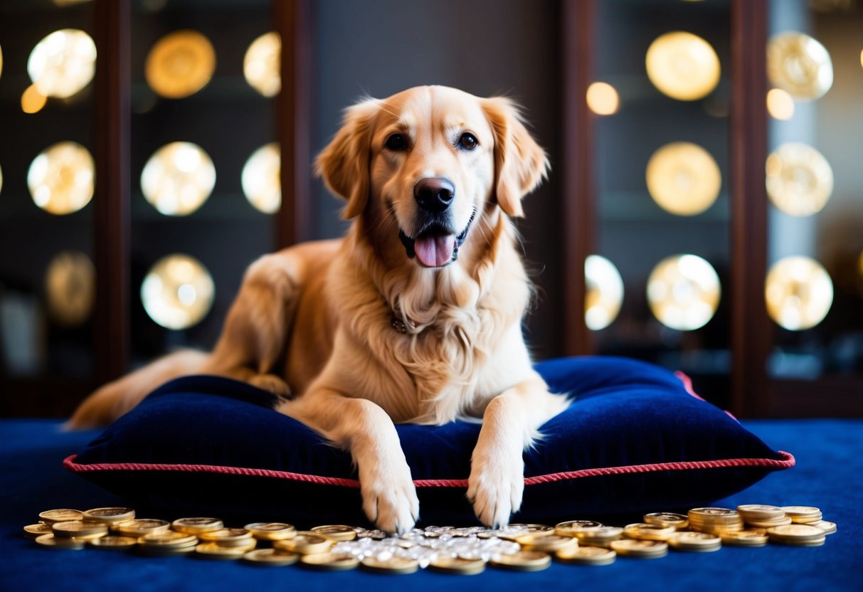 A golden retriever sitting on a luxurious velvet cushion surrounded by diamonds and gold coins