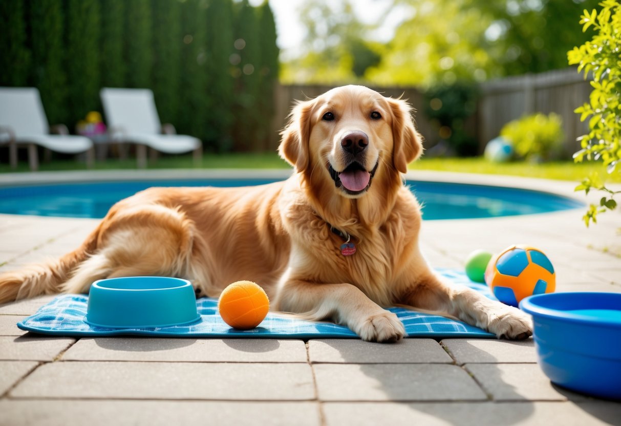 A golden retriever lounges in a sunlit backyard, surrounded by toys and a water bowl