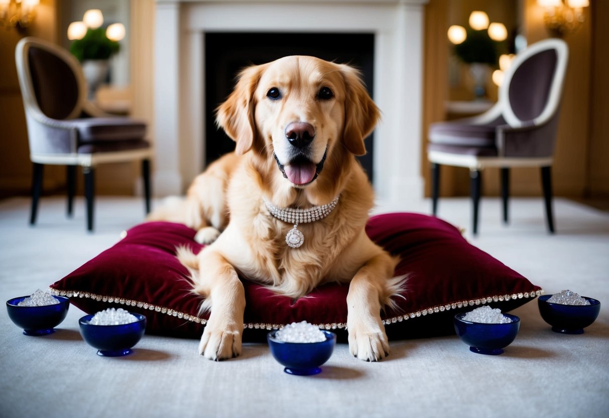 A golden retriever sits on a luxurious velvet cushion surrounded by diamond-studded collars and bowls of caviar
