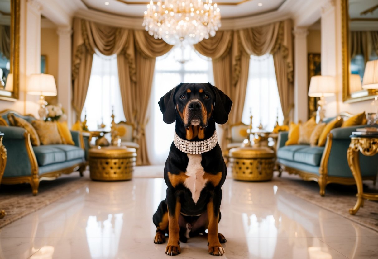 A luxurious mansion with a diamond-studded collar on a regal-looking dog surrounded by opulent decor and extravagant furnishings