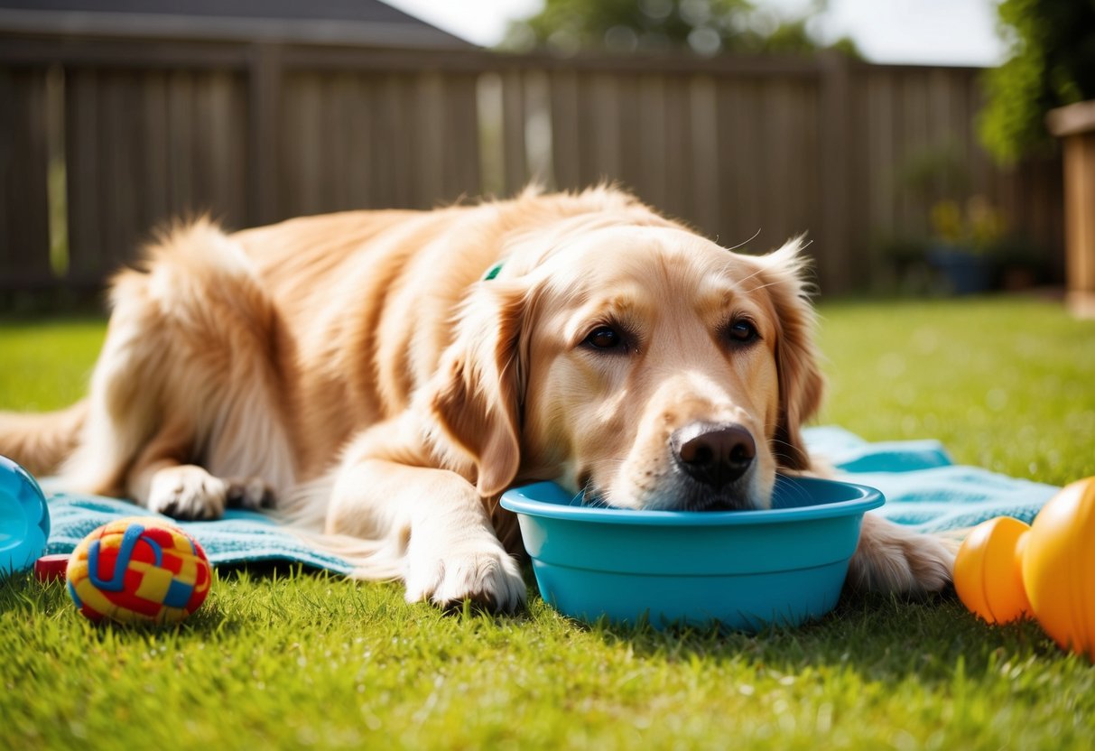 A contented golden retriever lies in a sunny backyard, surrounded by toys and a water bowl
