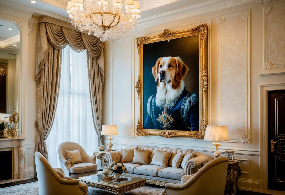 A luxurious, opulent living room with a large, ornate portrait of a regal-looking dog hanging prominently on the wall
