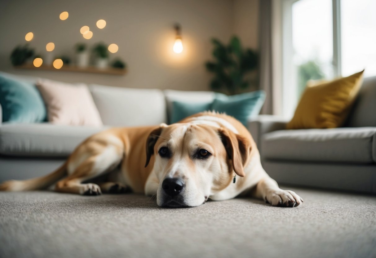 A calm, content dog lounging in a peaceful home environment, surrounded by comfortable furnishings and gentle lighting