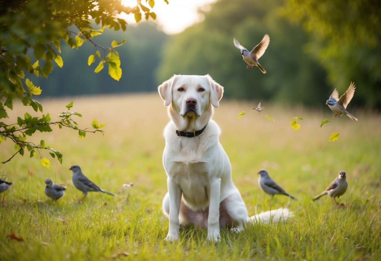 A calm, silent dog sitting in a peaceful meadow, surrounded by chirping birds and rustling leaves