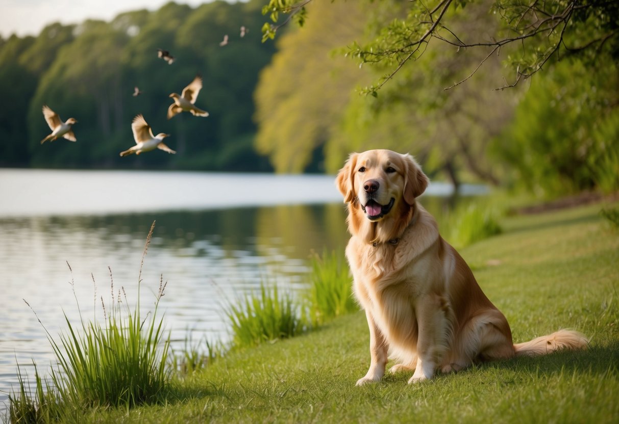 A golden retriever sits quietly by a serene lake, surrounded by chirping birds and rustling trees