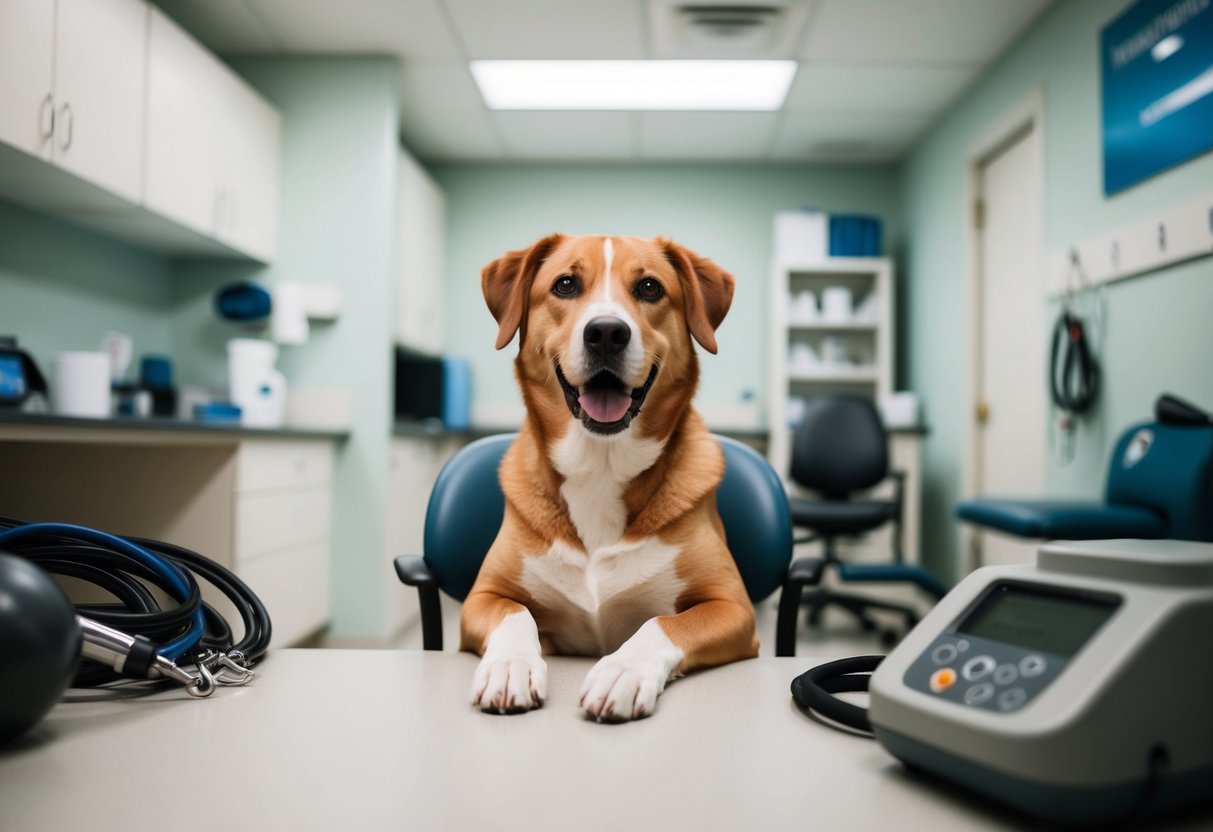 A calm, focused dog with a wagging tail and attentive eyes, surrounded by training equipment and a veterinarian's office