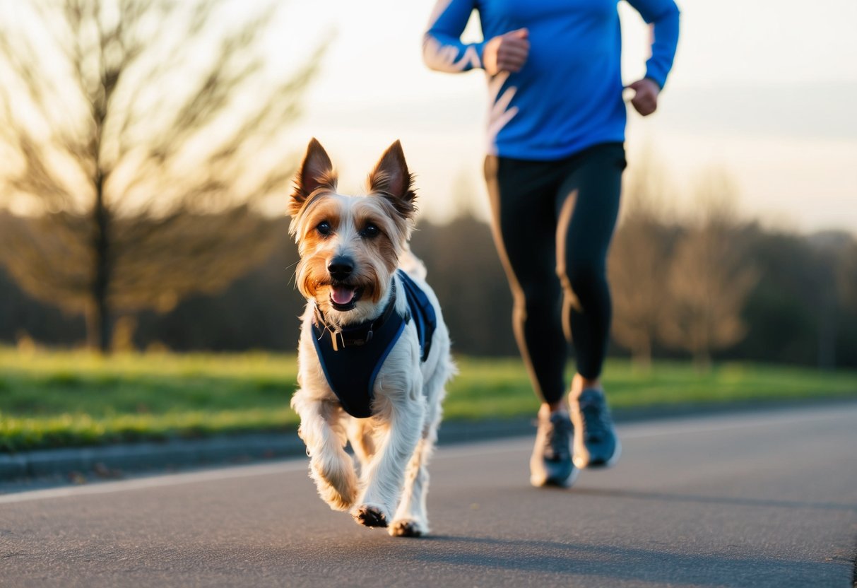 A wide-awake terrier eagerly follows its owner on an early morning jog, ready for another day of non-stop activity