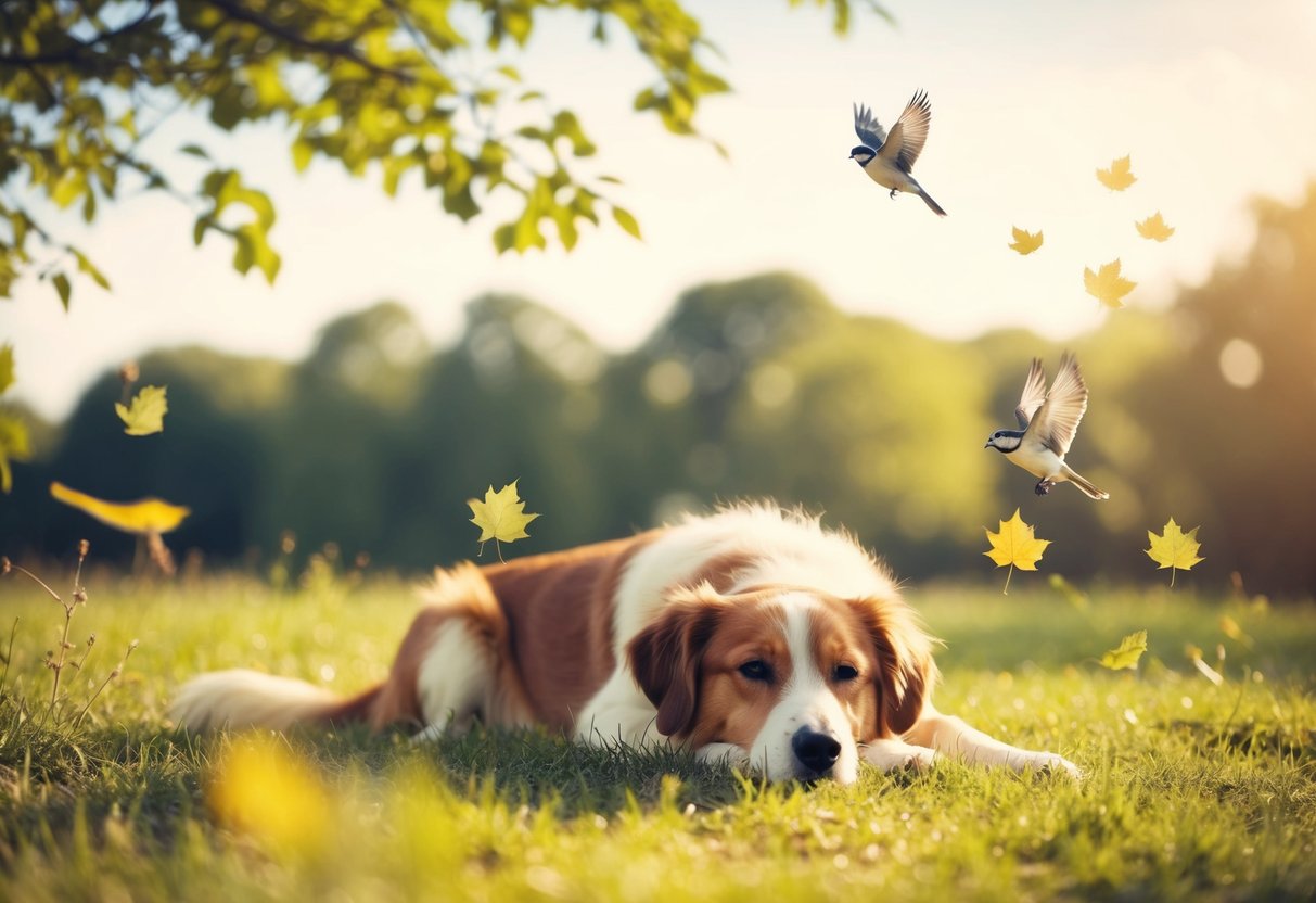 A serene countryside with a peaceful, quiet atmosphere. A dog lies contentedly in the sunshine, surrounded by chirping birds and rustling leaves