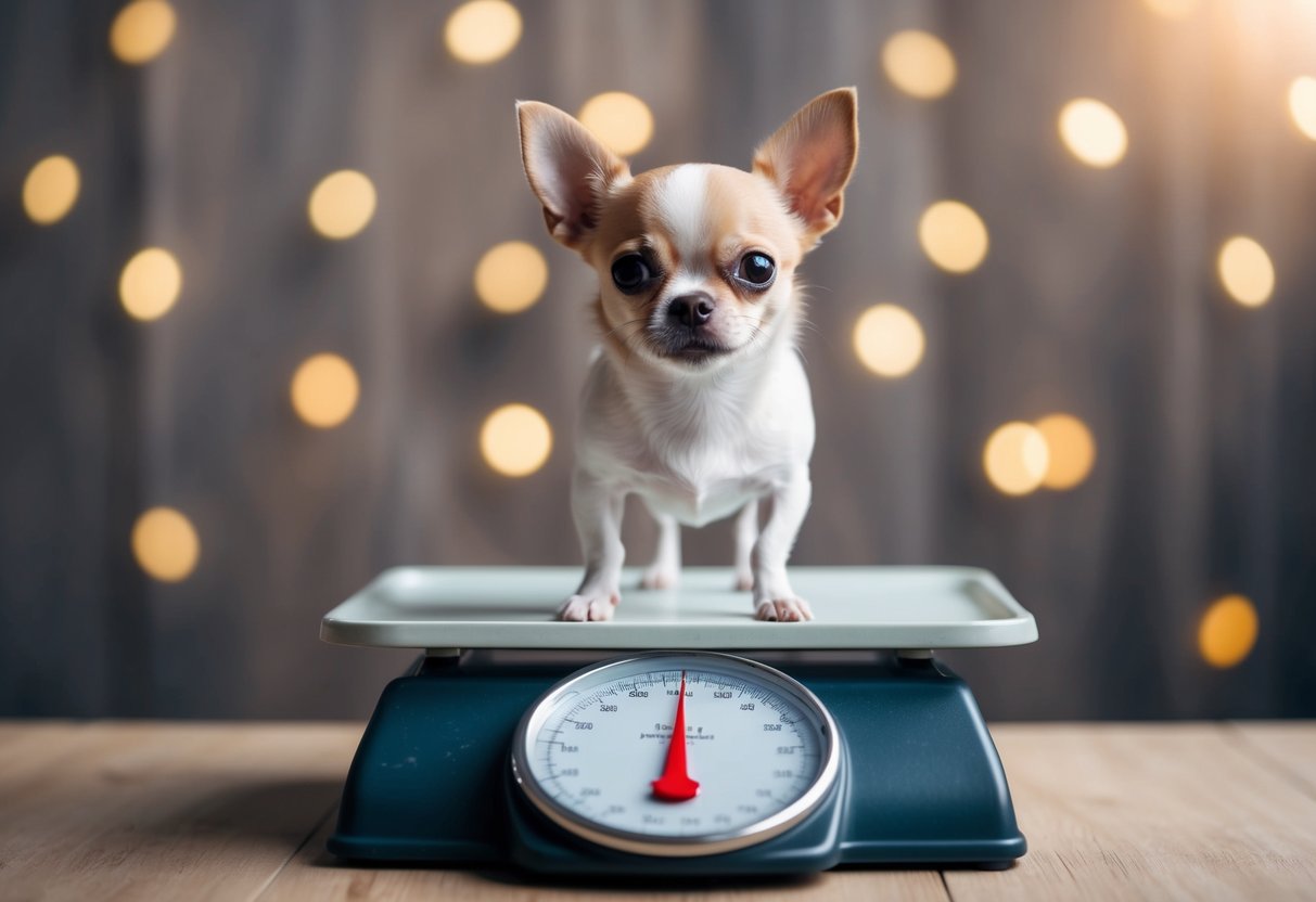 A tiny Chihuahua standing on a scale, with a surprised expression