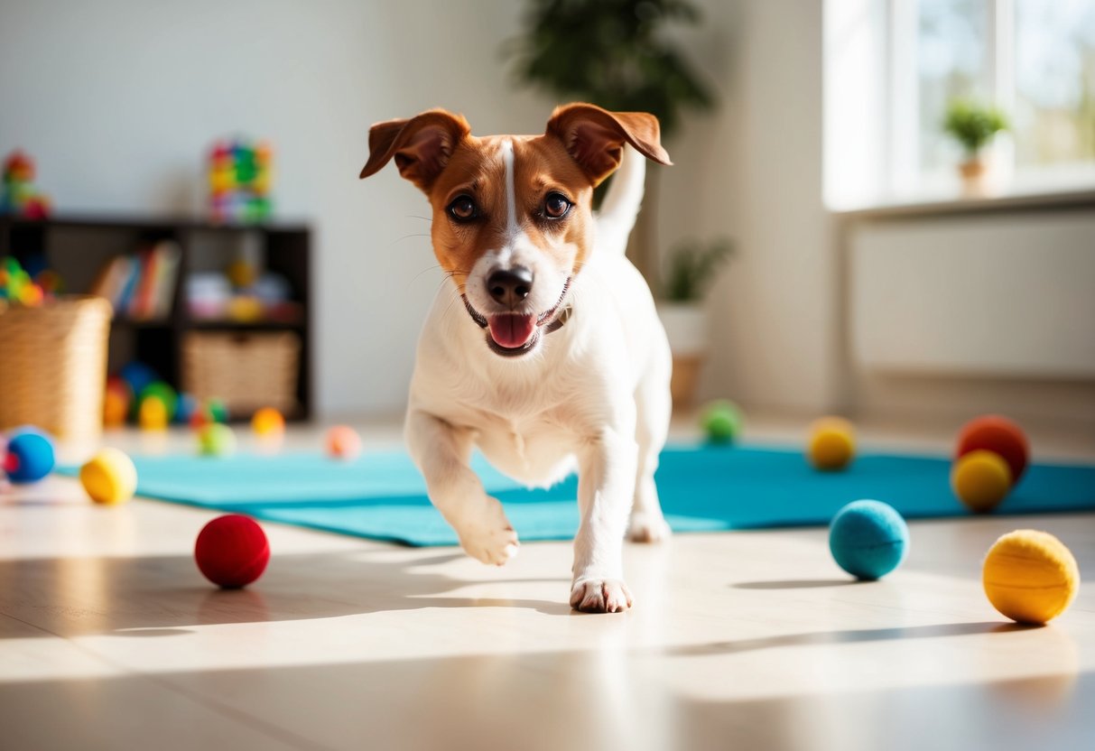 A lively Jack Russell terrier playing non-stop in a bright, sunlit room with toys scattered around