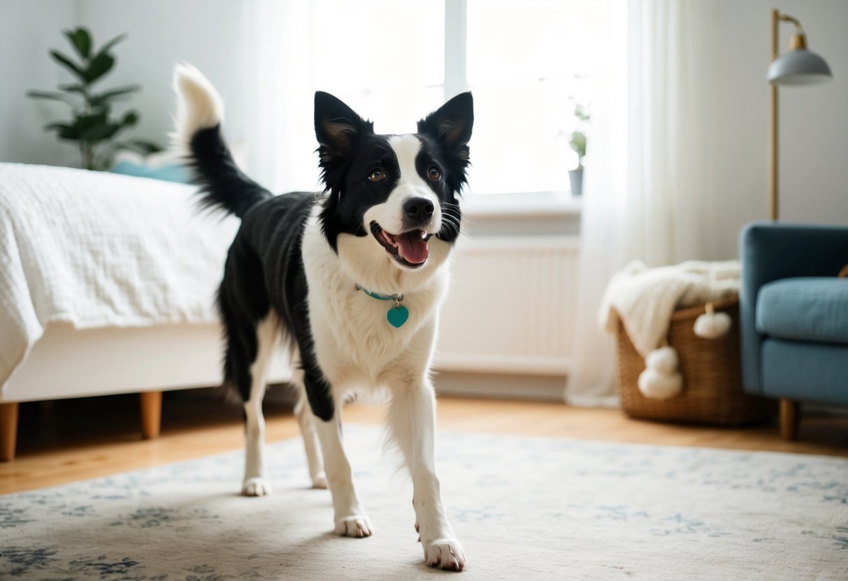 A lively border collie plays in a bright, clutter-free room with a cozy bed in the corner