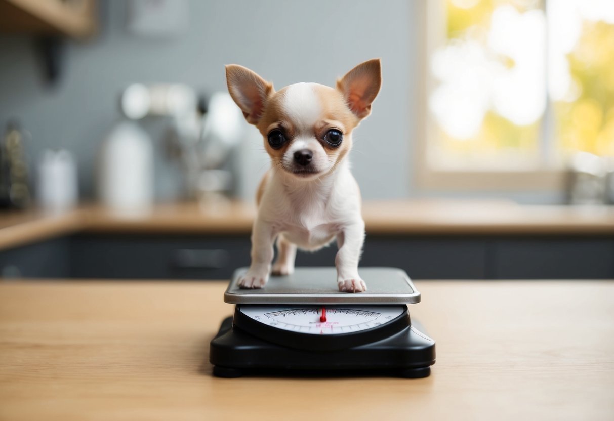 A tiny Chihuahua puppy standing next to a scale, weighing in at 1 pound