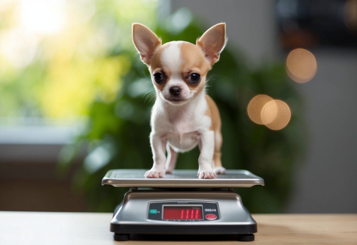 A tiny Chihuahua puppy standing on a scale, its small frame barely registering a weight of 1 pound