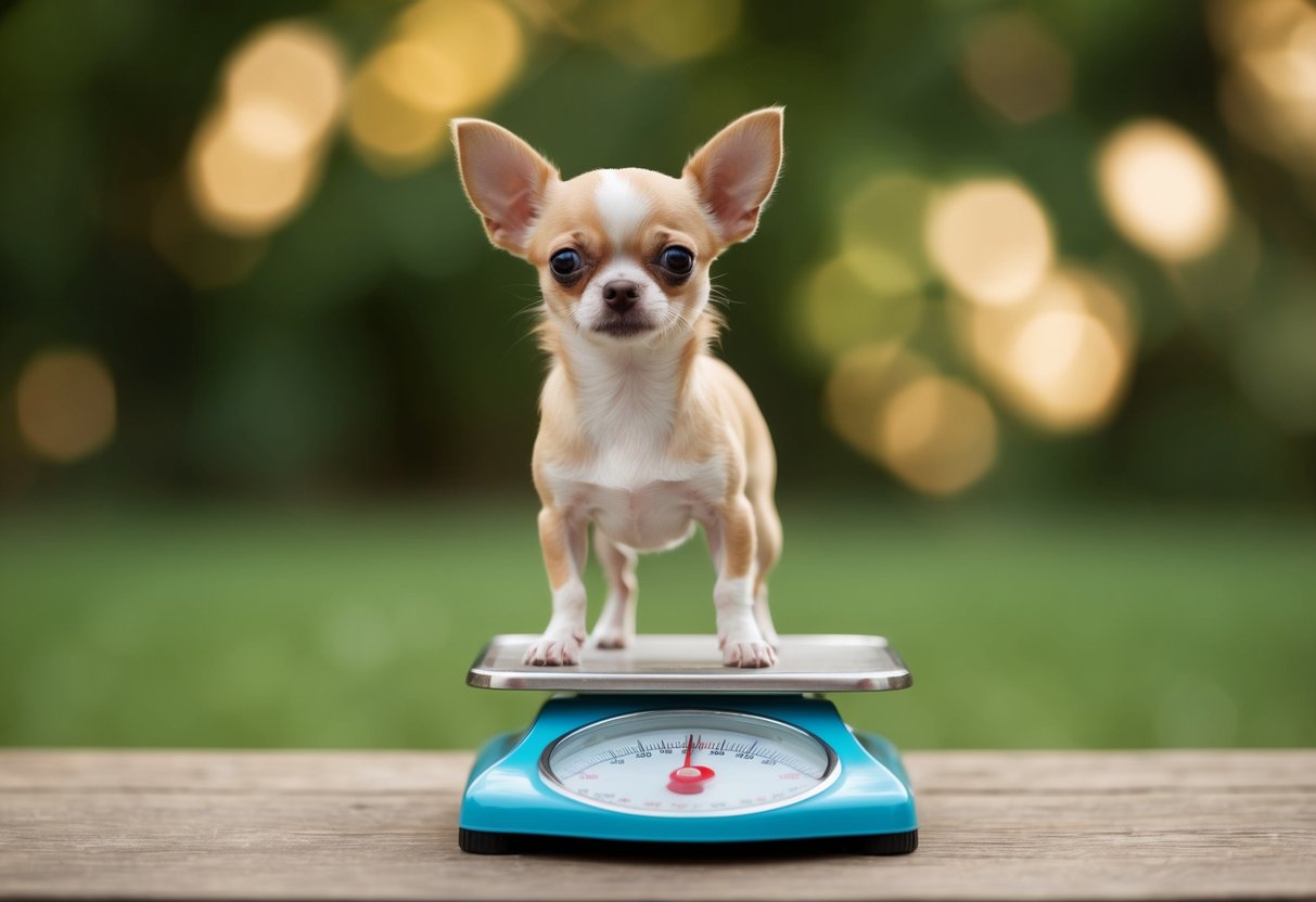 A tiny Chihuahua stands on a scale, weighing in at just 1 pound
