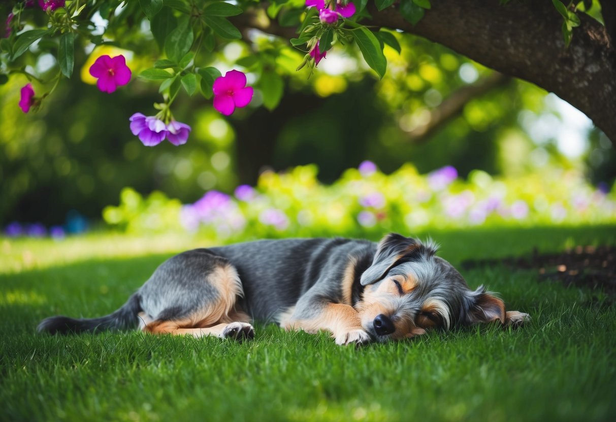 A gray-haired dog peacefully sleeps under a shady tree, surrounded by vibrant flowers and lush greenery