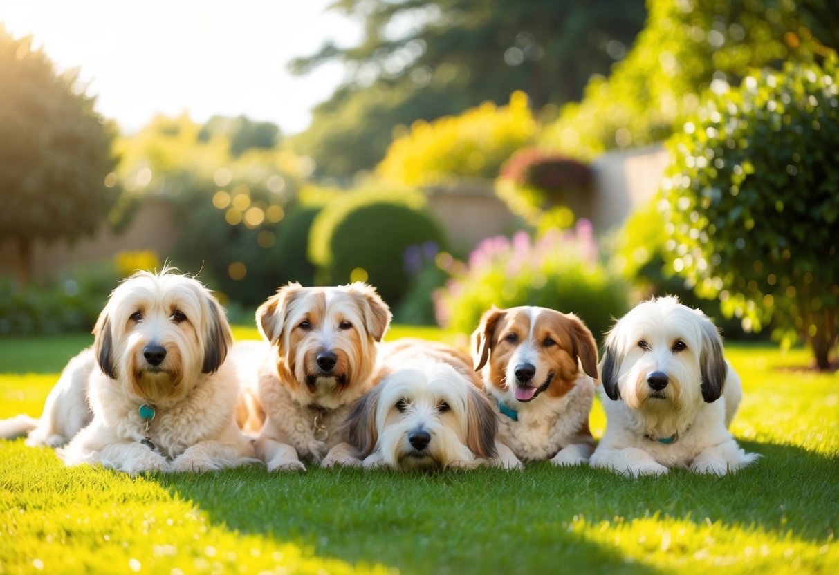 A group of elderly dogs from long-living breeds resting peacefully in a sunlit garden