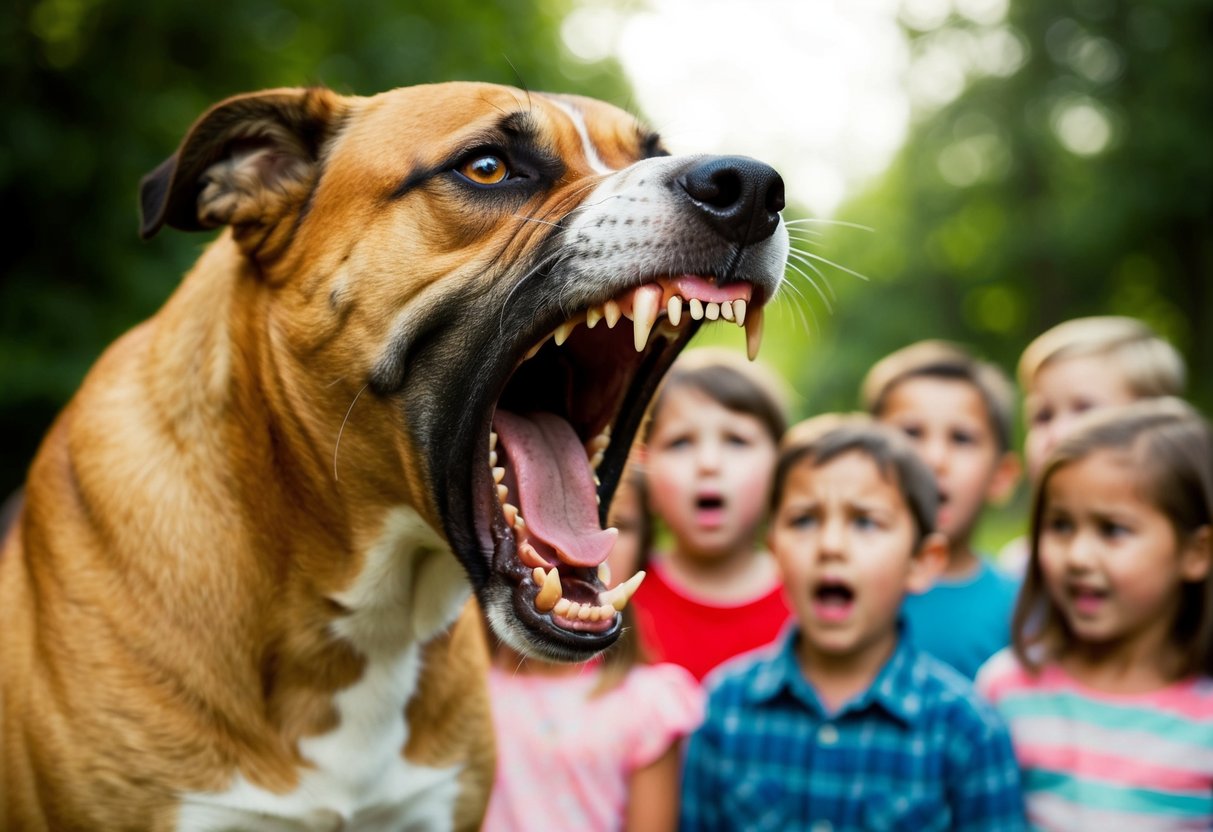 A snarling, aggressive dog baring its teeth at a group of frightened children