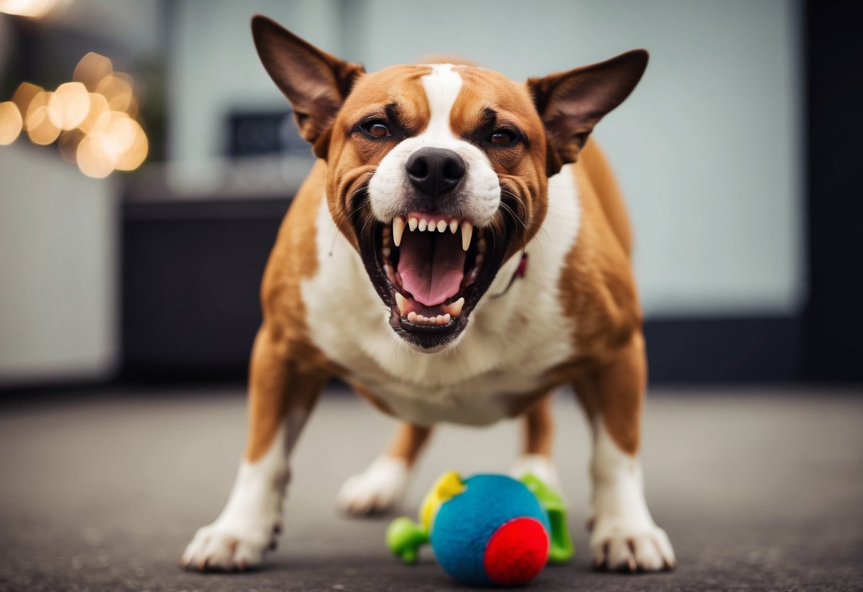 A snarling, aggressive dog with raised hackles and bared teeth, standing over a toy and growling menacingly