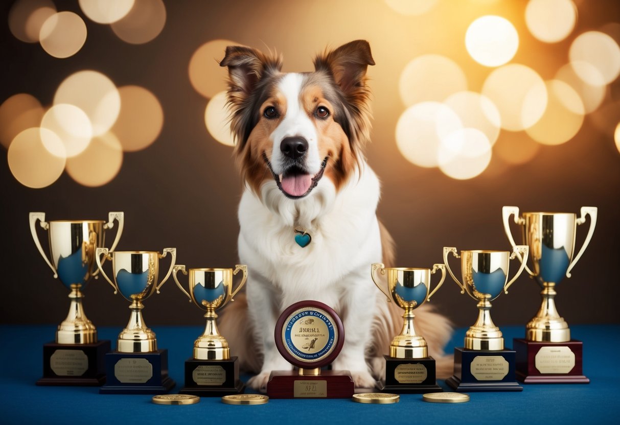 A senior dog with a record-breaking age surrounded by trophies and accolades