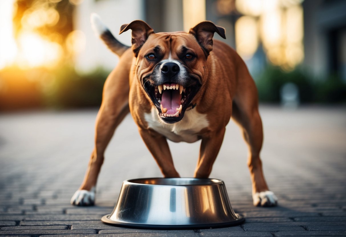 A snarling, aggressive dog with bared teeth and raised hackles, standing protectively over its food bowl