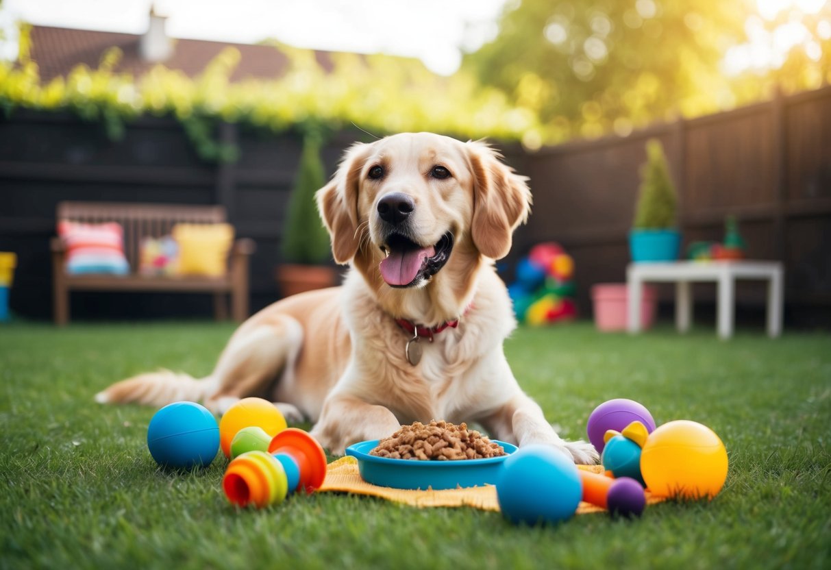 A lively senior dog, surrounded by toys and a healthy meal, enjoys a sunny day in a spacious backyard