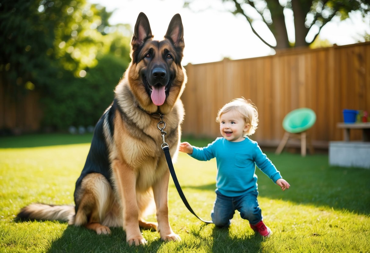 A large, loyal German Shepherd stands guard beside a happy, smiling child playing in a sunlit backyard