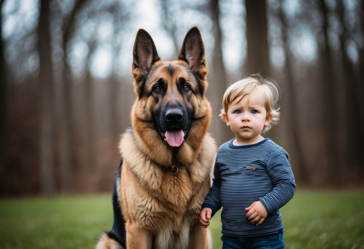 A large, alert German Shepherd stands beside a young child, ears perked and eyes focused, ready to protect