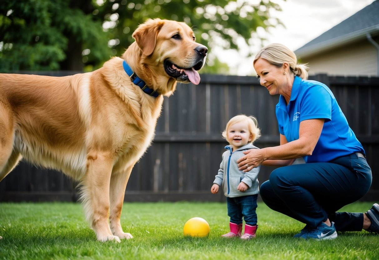 A large, loyal dog stands watch over a smiling child in a fenced backyard, while a trainer guides them through obedience exercises
