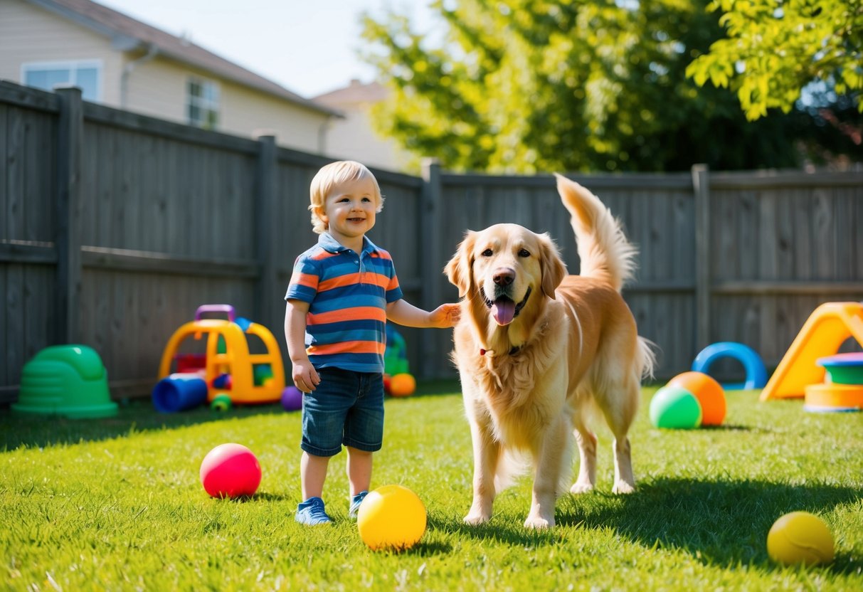 A loyal and gentle golden retriever stands watch over a smiling child in a sunny backyard, surrounded by colorful toys and a sturdy fence