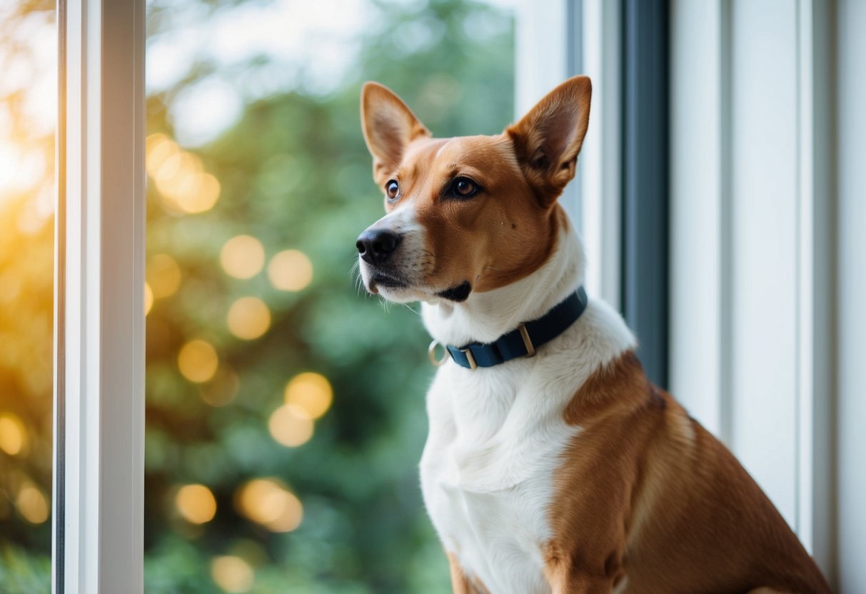 A loyal dog sits by the window, gazing out with a hopeful expression, waiting for its owner to return