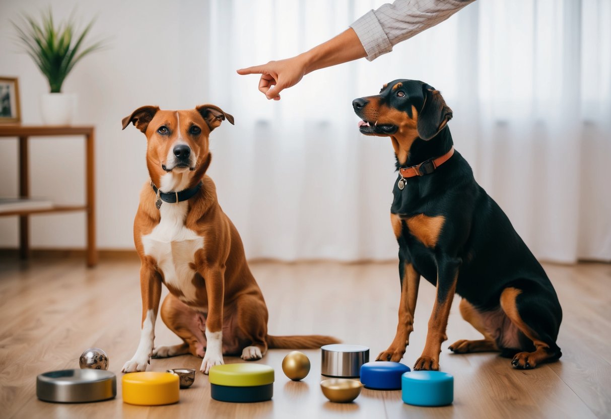 A dog sitting attentively, surrounded by various objects, as a person points to each one and speaks a word. The dog looks directly at the person, indicating understanding