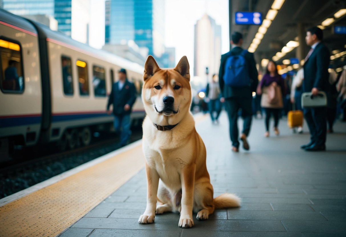 A faithful Akita dog waits at a train station, looking expectantly, surrounded by people and the bustling city