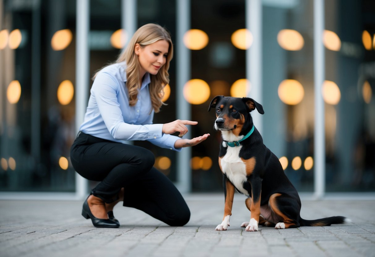 A dog sitting attentively as its owner uses consistent commands and gestures