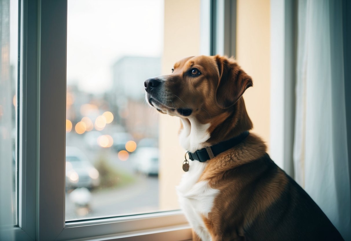 A loyal dog sits at the window, gazing out with hopeful eyes, waiting for its owner to return