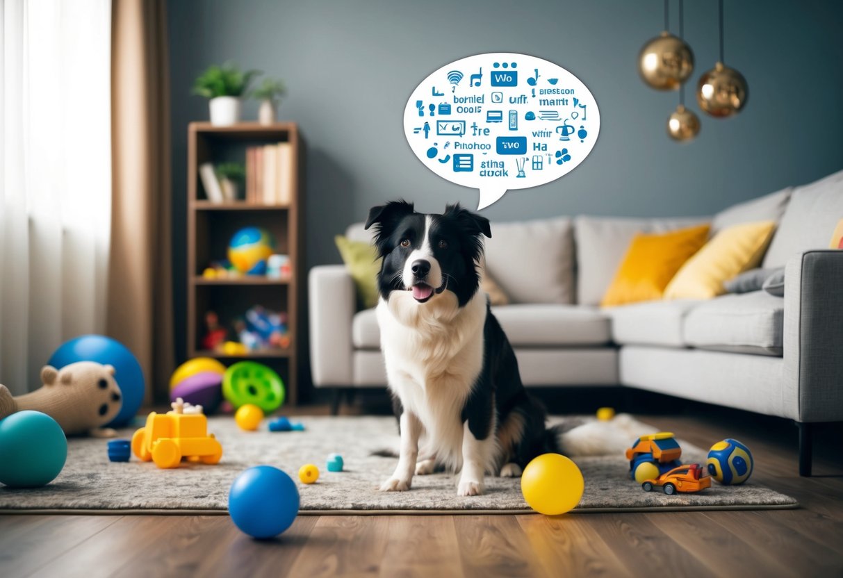 A border collie sits attentively in a living room, surrounded by scattered toys and a variety of objects. A speech bubble above the dog's head contains various words and symbols, representing language comprehension