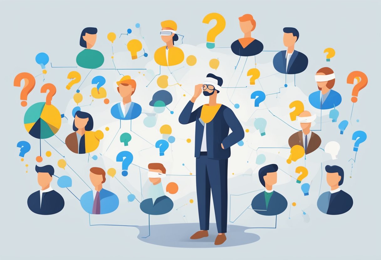 Assumptions: A person blindfolded, surrounded by question marks. Evidence-based: Person removing blindfold, surrounded by clear, logical connections