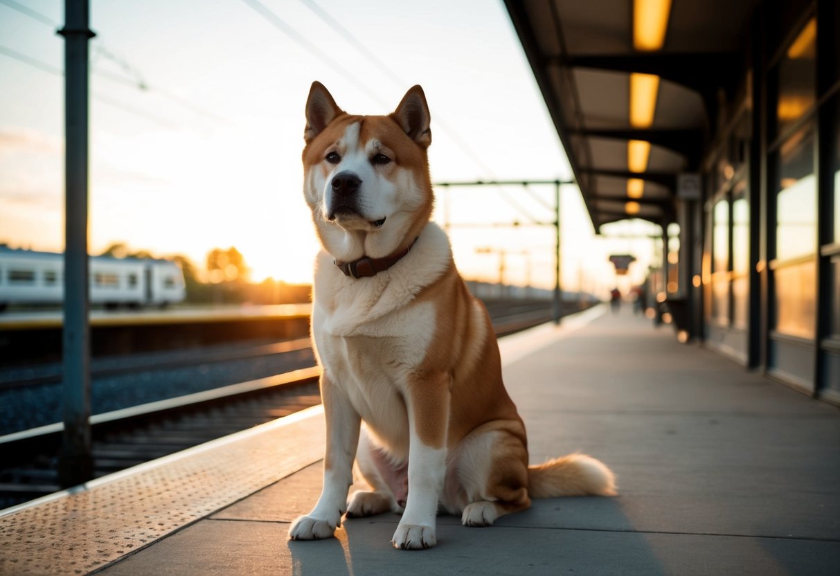 A loyal Akita sits at a train station, gazing expectantly. The setting sun casts a warm glow, highlighting the dog's unwavering devotion