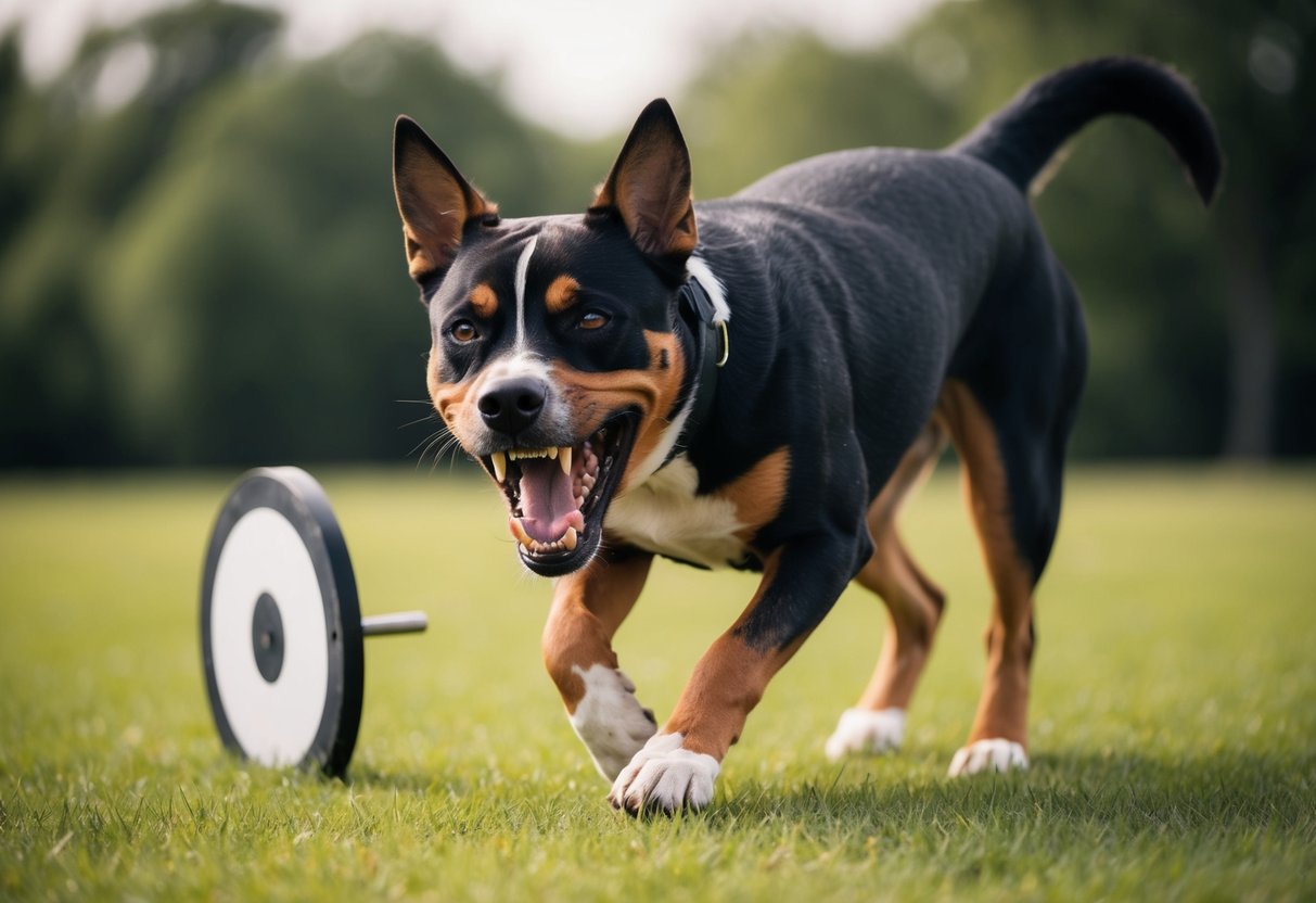 A snarling dog with bared teeth lunges forward, its eyes fixed on a target, ready to bite