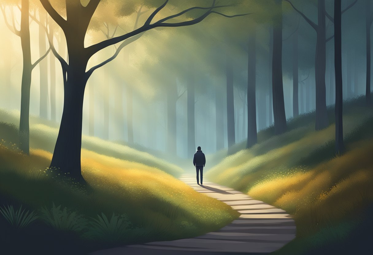 A person standing on a path, with one side leading to a dark, foggy forest and the other side leading to a bright, clear meadow