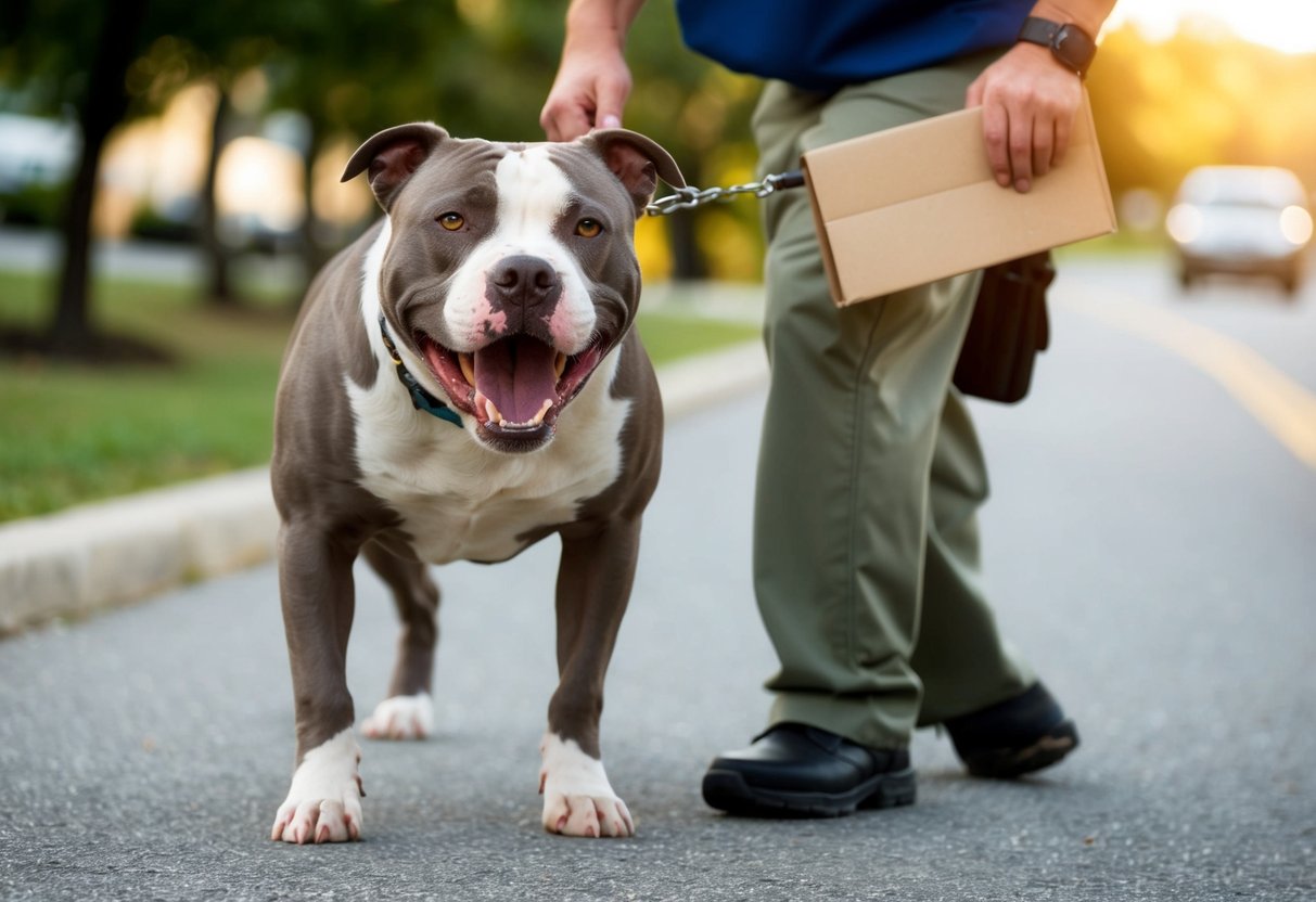 A snarling pit bull lunges at a mail carrier's pant leg