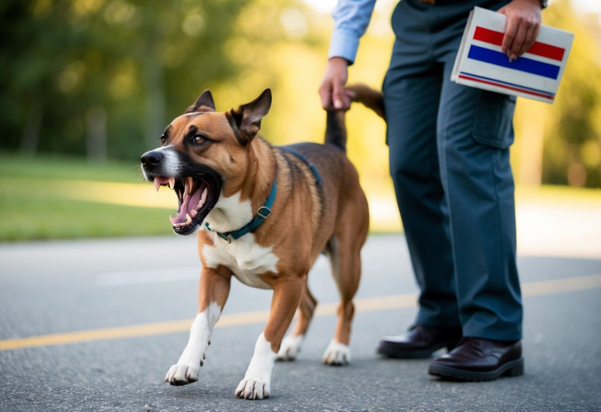A snarling dog with bared teeth lunges at a mail carrier's pant leg