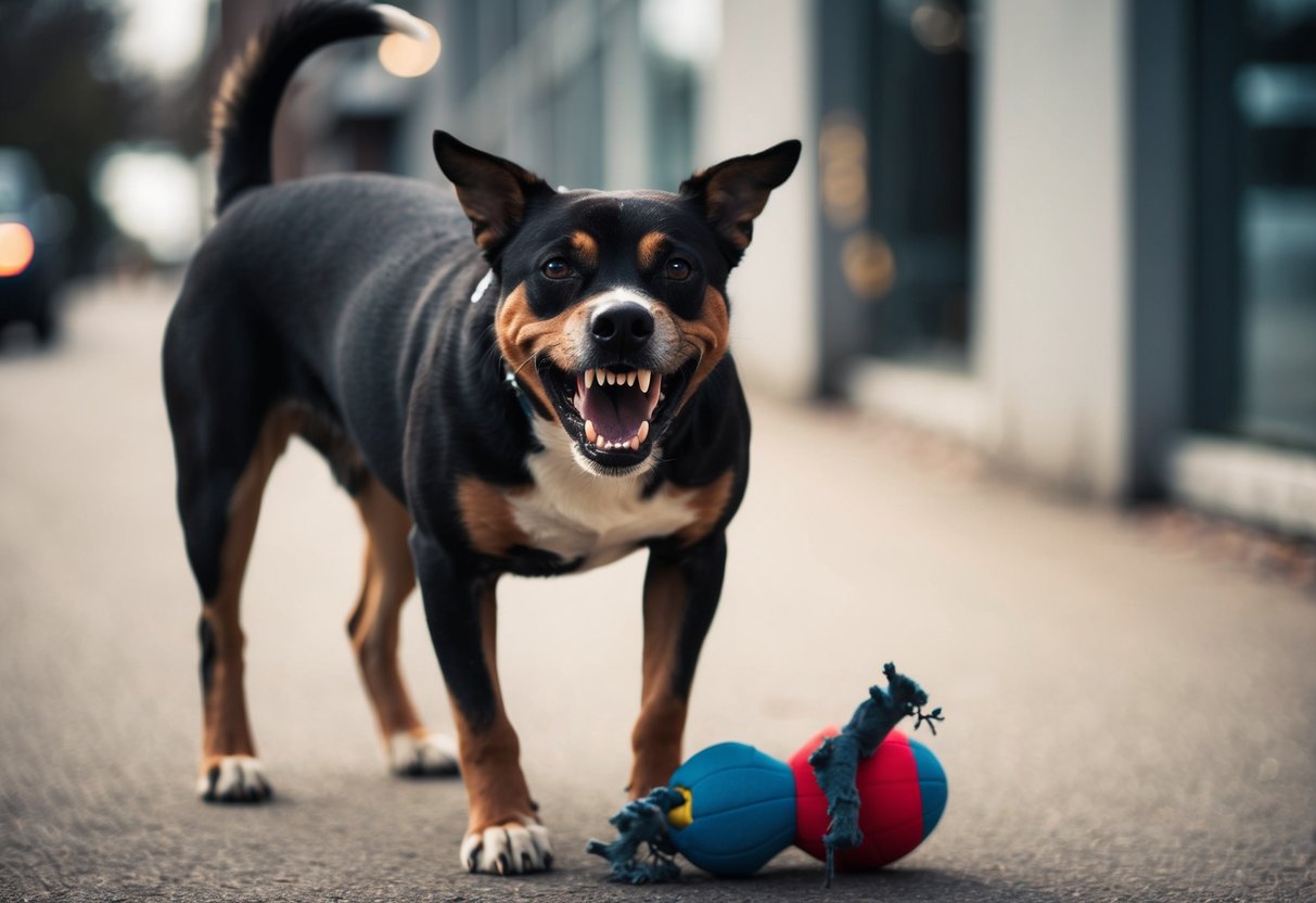 A snarling dog with bared teeth and raised hackles, standing over a torn-up toy