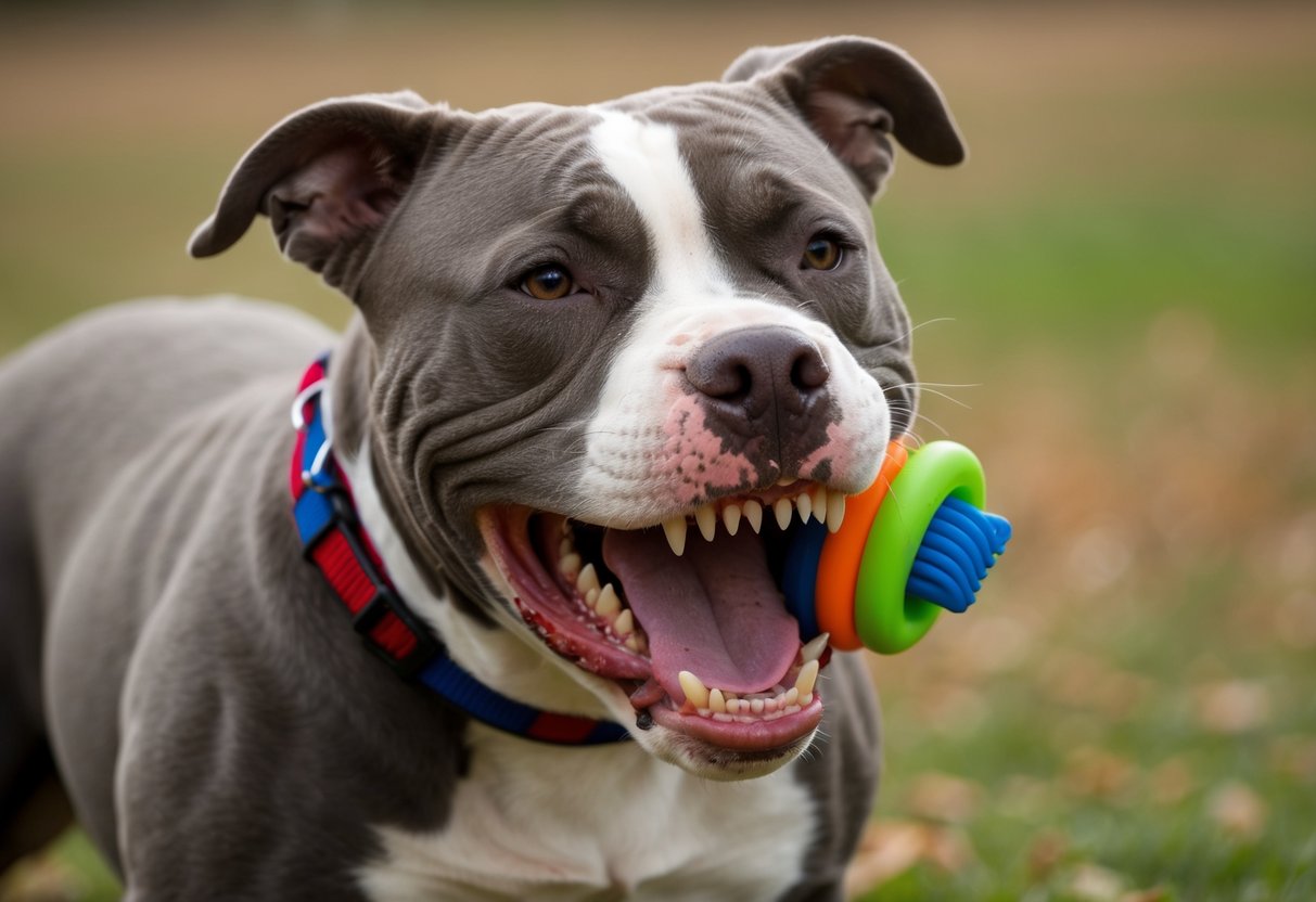 A snarling pit bull clamps its jaws around a chew toy, refusing to release it